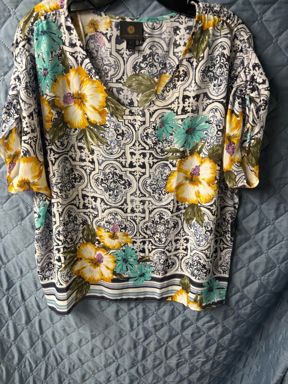 JM Collection Blue Tile-Print Blouse with Yellow & Teal Floral Accents